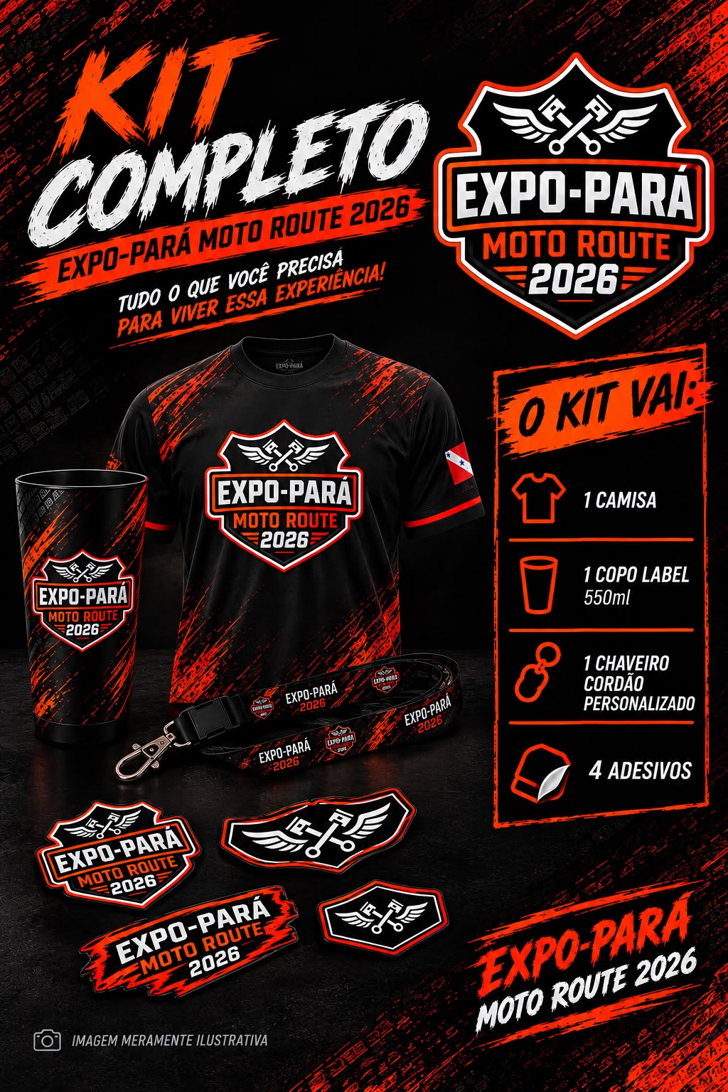 Kit Participante oficial: camisa, copo, chaveiro cordão e adesivos